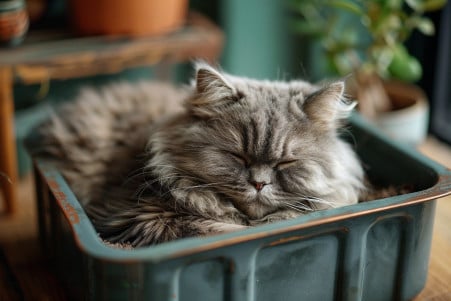 Grey Persian cat curled up in an open, clean litter box looking slightly distressed at home