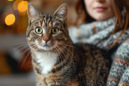 Tabby and white cat with tail up facing a contemplative woman in a cozy living room