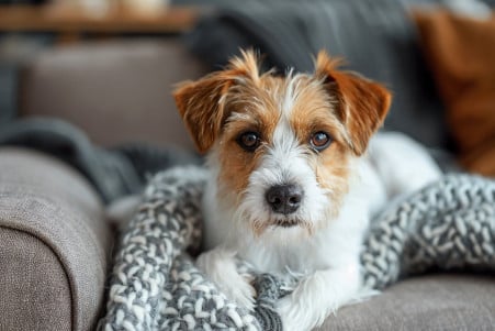 Scruffy Jack Russell Terrier digging into couch cushions with a mischievous look