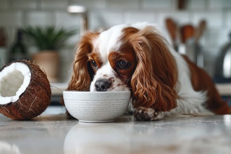 Cavalier King Charles Spaniel gently sniffing a bowl of coconut milk beside a whole coconut on a kitchen counter