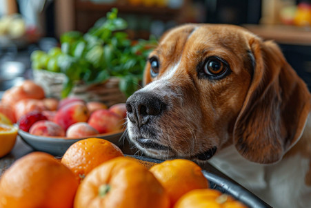 Curious Beagle sniffing a peeled tangerine on a kitchen table with assorted fruits in soft focus.