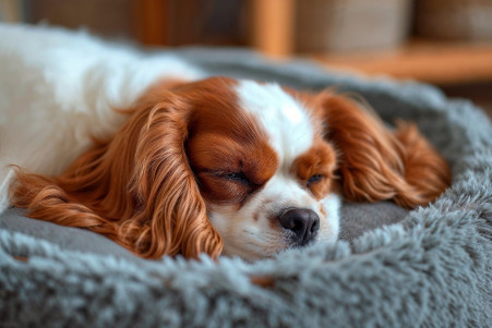 Cavalier King Charles Spaniel sleeping in a circular dog bed in a cozy, softly lit room
