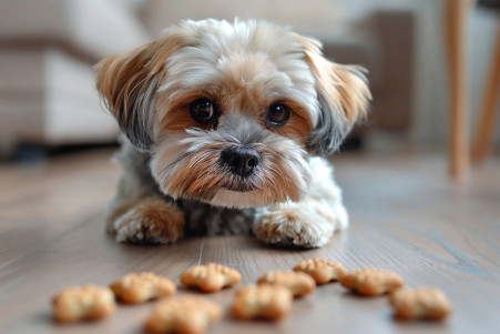 Playful Shih Tzu with perked ears looking at blurred animal crackers on the floor in a home setting