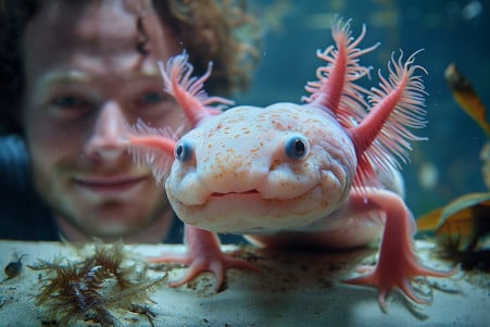 Pink axolotl swimming in an aquarium with a man observing it carefully without touching