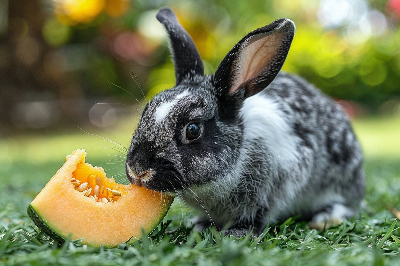 Black and white rabbit nibbling on fresh cantaloupe on grass with a garden background