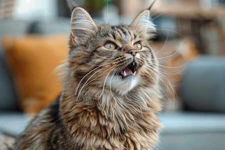 Defensive Maine Coon cat with tufted ears and bushy tail growling, set against a relaxed background