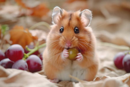 Syrian hamster holding a small piece of grape in its paws, with a happy expression in a cage setting