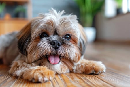 Shih Tzu dog licking a wooden floor in a well-lit kitchen, showcasing a common odd behavior
