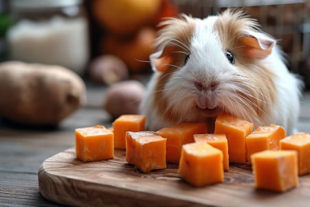 Curious Silkie Guinea Pig sniffing at cubes of sweet potato on a wooden board indoors