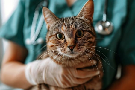 Concerned veterinarian in scrubs examining a calico cat in a well-lit clinic