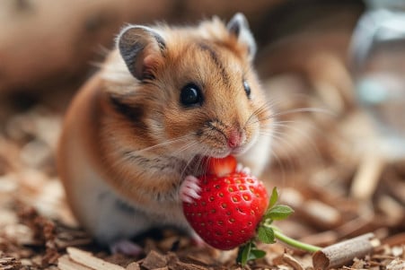 Curious Syrian hamster examining a slice of strawberry in a well-lit enclosure
