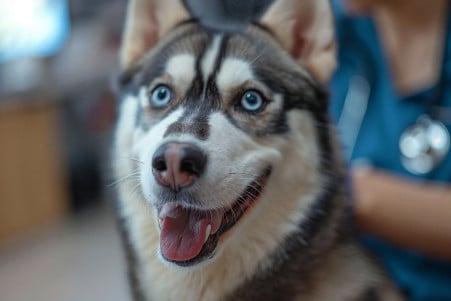 Concerned Siberian Husky licking its lips while being examined by a veterinarian in a clinic