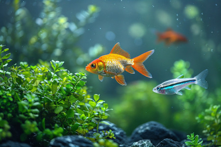 Serene aquarium with an orange Goldfish, Zebra Danio, and Rosy Barb swimming among green plants
