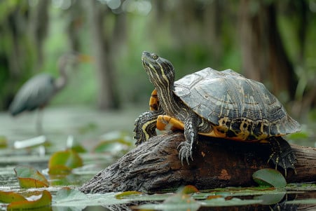 Common snapping turtle on a log with a heron in the blurred background in a wetland setting