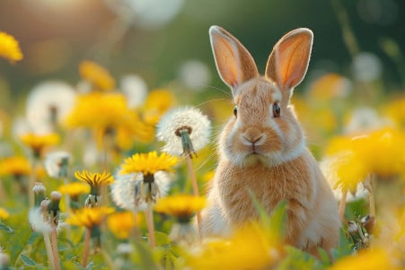 Brown rabbit happily eating fresh dandelions in a sunny, grassy field