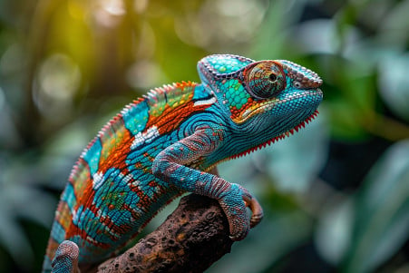 Vigilant Panther Chameleon with colorful skin perched on a branch in its natural foliage habitat