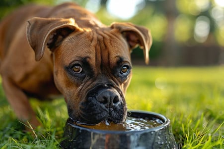 Fit Boxer dog with glossy fawn coat drinking from a bowl labeled 'alkaline water' in a green backyard setting