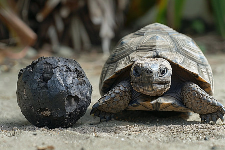Wise-looking turtle cautiously withdrawing into its shell on a sandy background with a large black object nearby