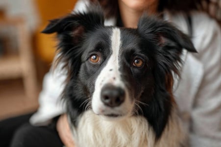 Owner sitting with a Border Collie being examined by a vet, showcasing the concern and care for the dog's health