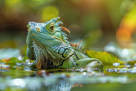 Green iguana with prominent scales swimming in clear water with lily pads and sunlight reflections
