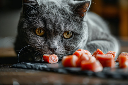 British Shorthair cat gazing at a slice of bologna on the counter, illustrating feline dietary curiosity