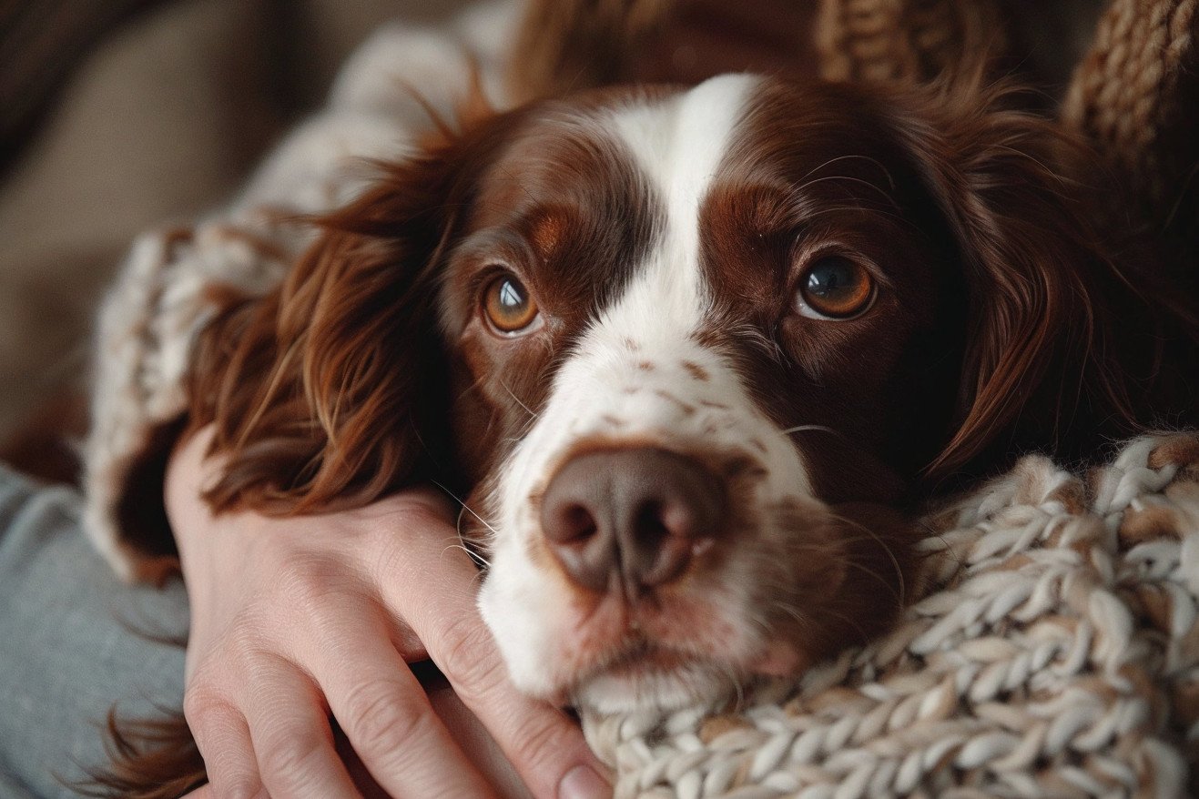 Concerned Springer Spaniel with a runny nose being comforted by owner's hands in a living room