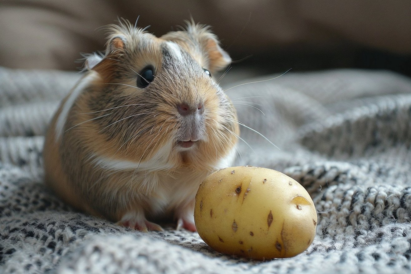American Guinea Pig looking skeptically at a raw potato in an indoor setting