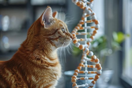 Orange male tabby cat sitting and looking curiously at a DNA double helix structure in an indoor setting
