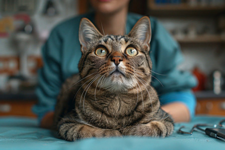 Concerned pet owner examining a Tabby cat's swollen bottom lip on a vet's table, with medical tools in the background