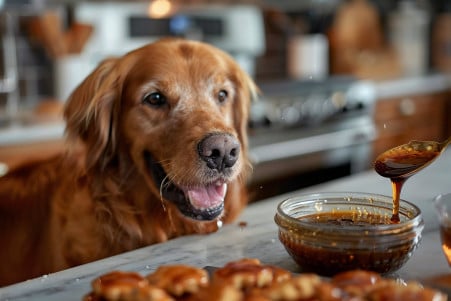Golden Retriever licking its lips as it observes a spoonful of blackstrap molasses being added to a bowl of homemade dog treats