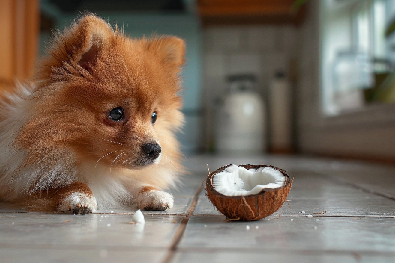 A small Pomeranian with an orange and white fluffy coat looking at a piece of coconut on the floor in a clean, minimalist kitchen setting