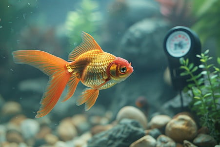 Colorful goldfish swimming in a fish tank with a visible aquarium heater and thermometer