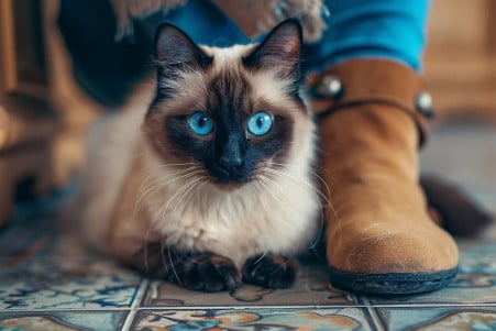 Siamese cat with striking blue eyes clinging to its owner's leg while they are in the kitchen