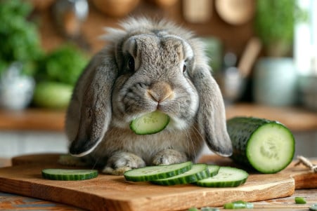 Grey lop-eared rabbit examining a slice of cucumber on a wooden board in a rustic kitchen
