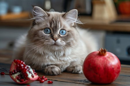 Ragdoll cat looking skeptically at a whole pomegranate on a kitchen table