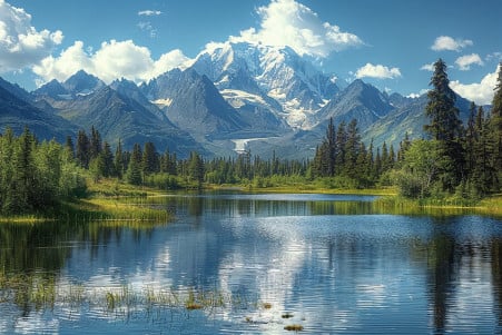 Serene Alaskan landscape with snow-capped mountains and a clear blue lake in the foreground