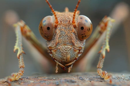 Close-up of a brown stick insect's head, showing its large compound eyes and small mandibles