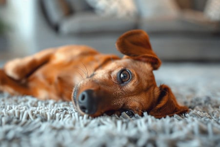 A small Dachshund dog lying on its back on a living room rug, exposing its tummy with a curious expression