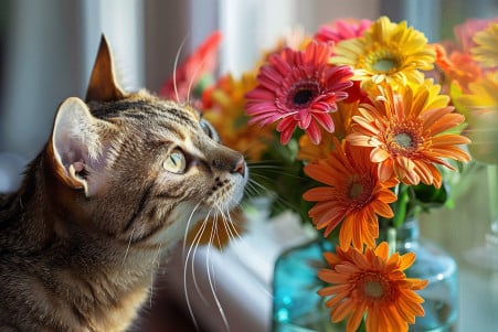 Playful cat batting at a colorful vase of Gerbera daisies on a sunny windowsill