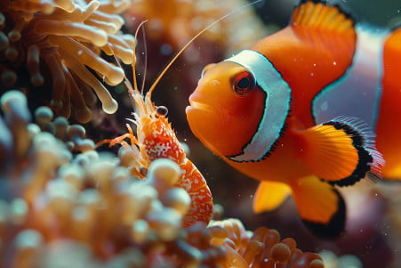 A large clownfish swimming towards a shrimp amidst a colorful coral reef
