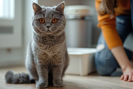 Grey British Shorthair cat sitting next to a clean litter box, looking guilty
