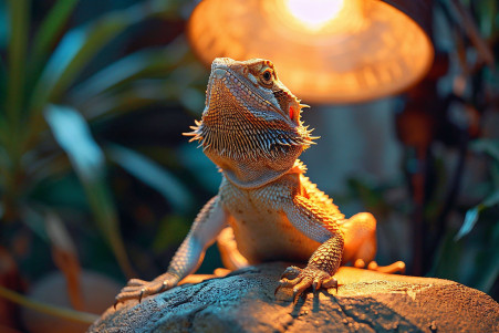Bearded dragon lizard perched on a rock under a heat lamp in a well-maintained terrarium