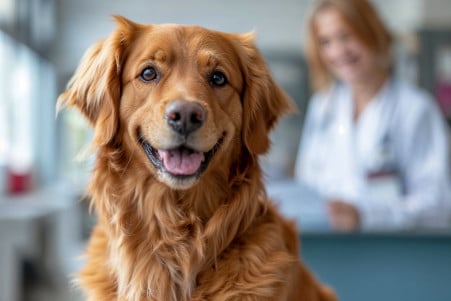 Calm Golden Retriever sitting in a veterinary clinic with a vet checking records in the background