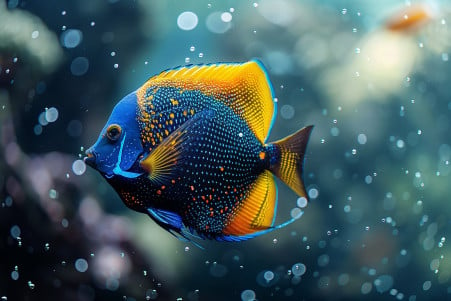 Vibrant blue and yellow angelfish swimming near the bottom of a clean aquarium, with traces of fish waste on the floor