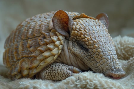 Armadillo curled up in a ball on a beige carpet, showing its armored shell and small black eyes