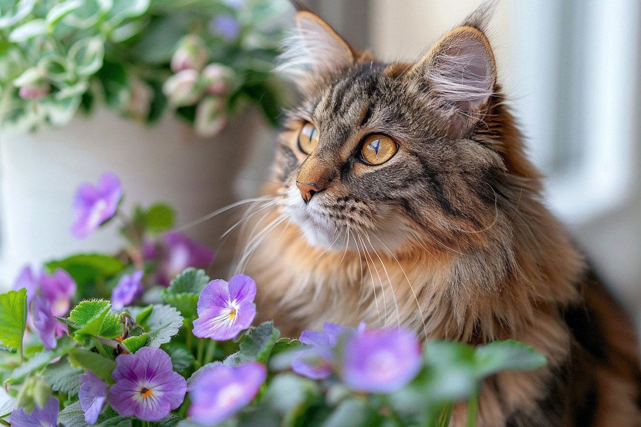 Fluffy Maine Coon cat batting playfully at the leaves of an African violet plant
