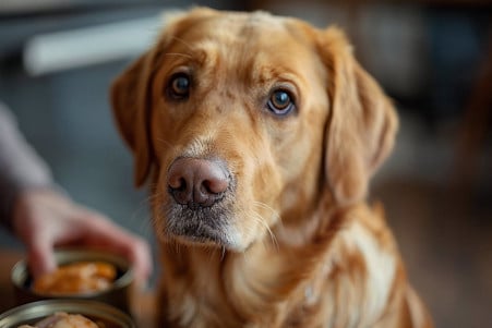 Labrador Retriever sitting next to an open can of chicken, looking at it with interest
