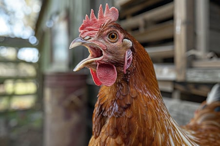 Close-up portrait of a Rhode Island Red hen vocalizing with her beak open in a chicken coop setting