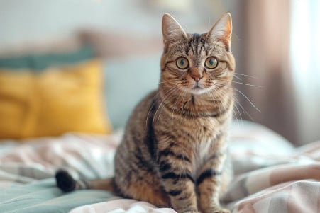 Tabby cat sitting on a bed, its tail swishing, looking directly at the camera