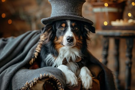Border Collie wearing a magician's cape and top hat, appearing to levitate a treat above its paw
